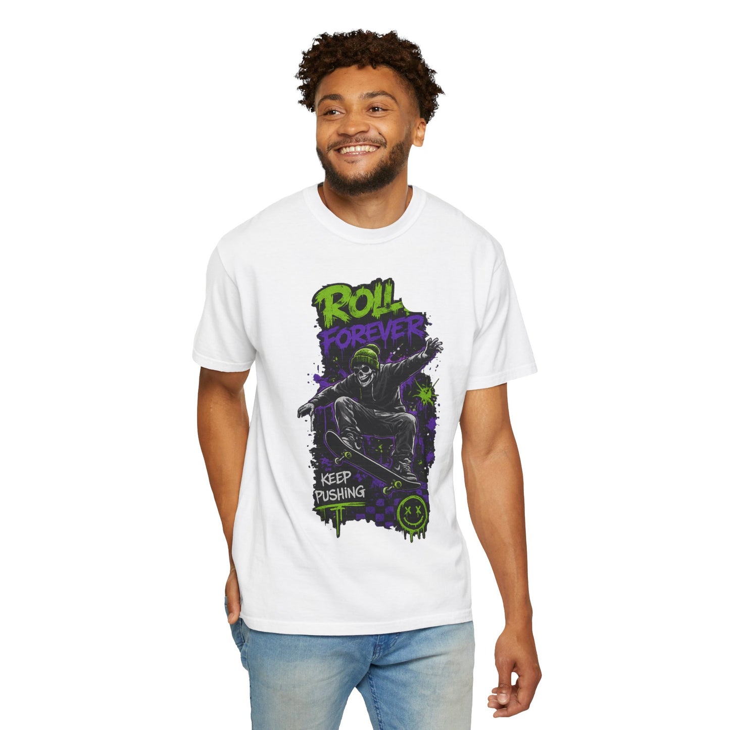 Skateboard T-Shirt — "Roll Forever / Keep Pushing" Graphic Tee