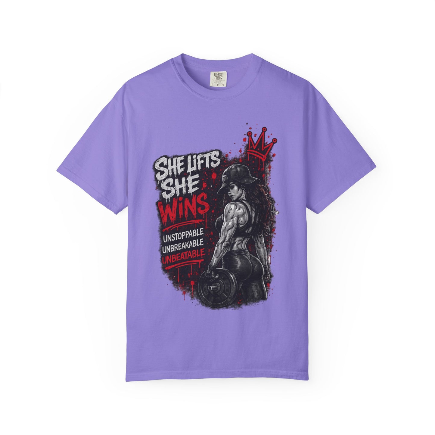 She Lifts She Wins T-Shirt — Women’s Strength Fitness Graphic Tee