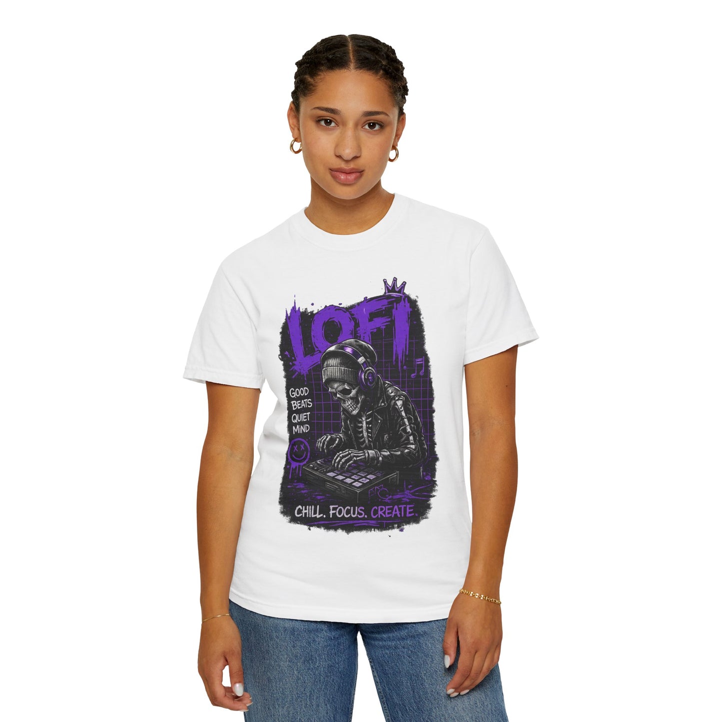 LoFi Skull DJ T-Shirt — "Chill. Focus. Create." Music Graphic Tee for Creators