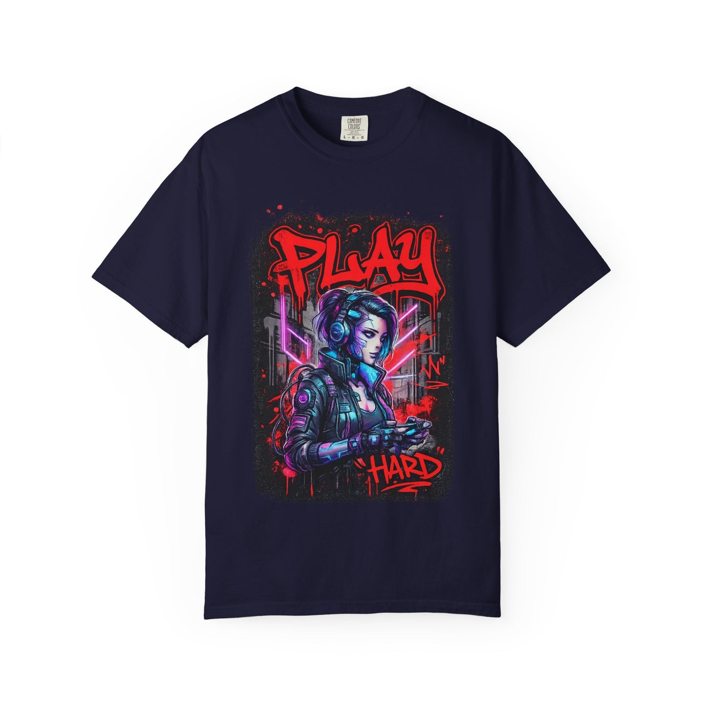 Play Hard Gamer T-Shirt — Neon Cyberpunk Video Game Tee
