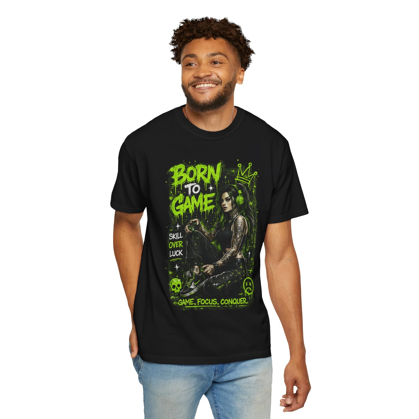 Born to Game Graphic T-Shirt — Gamer Skull & Neon Green Design