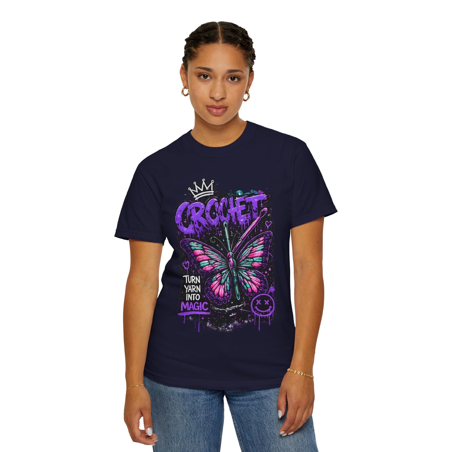 Crochet Butterfly T-Shirt — "Turn Yarn Into Magic" Graphic Tee