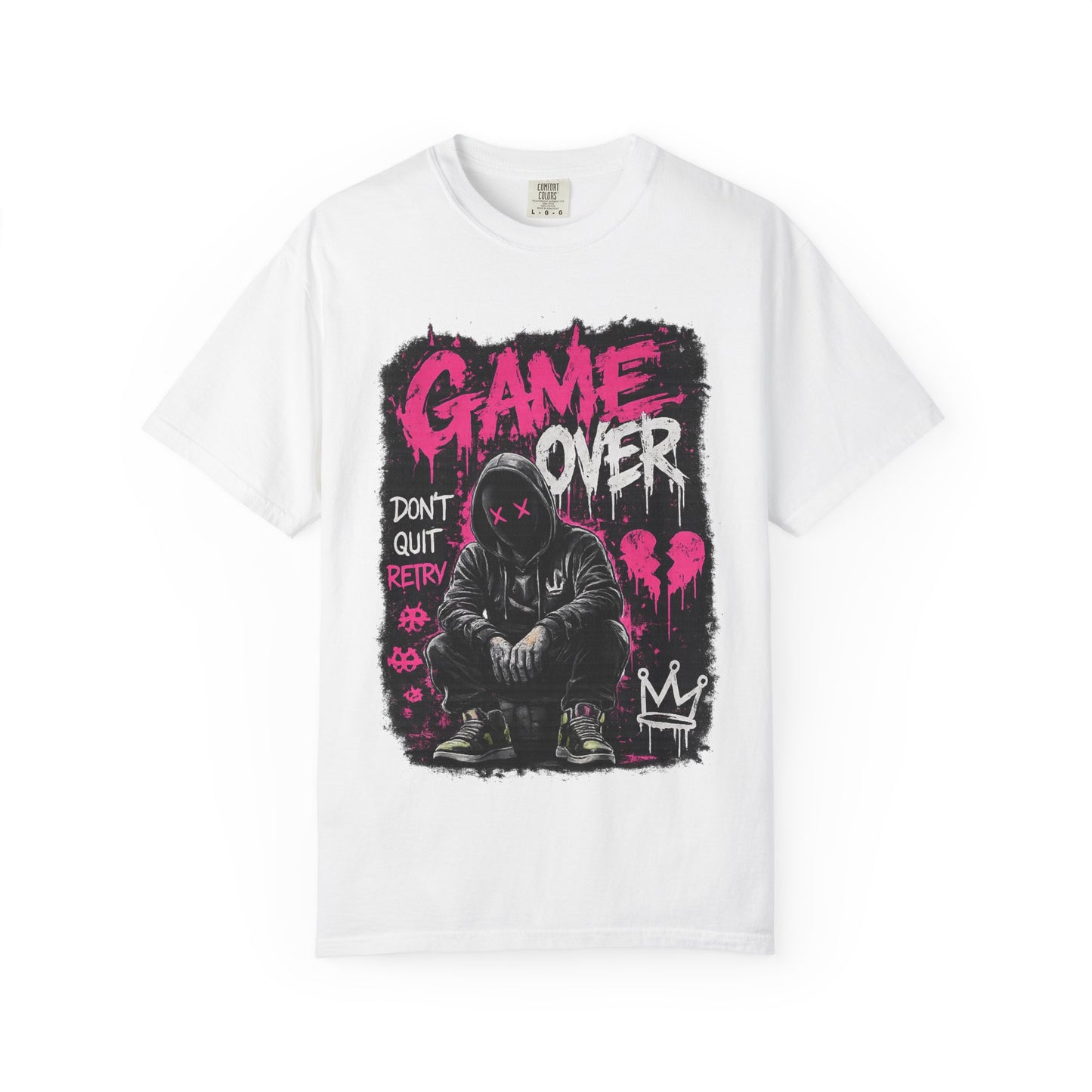 Game Over Graphic T-Shirt — Urban Streetwear Tee with Hooded Figure & 'Don't Quit, Retry' Design
