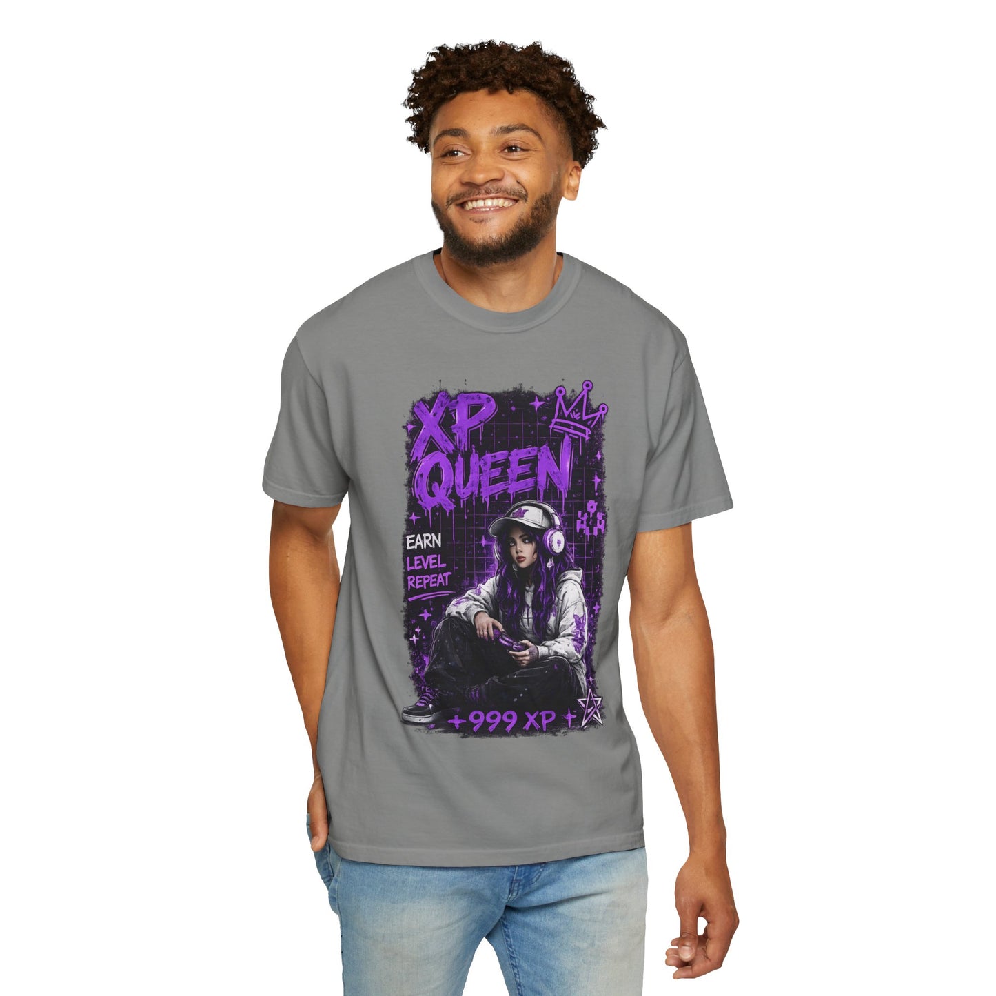 XP Queen T‑Shirt — Gamer Girl Graphic Tee (Earn Level Repeat +999 XP)
