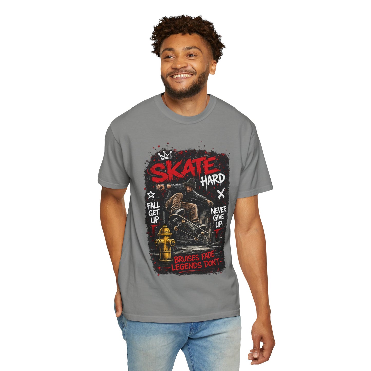 Skate Hard Graphic T-Shirt — "Skate Hard / Brushes Fade Legends Don’t" Streetwear Tee
