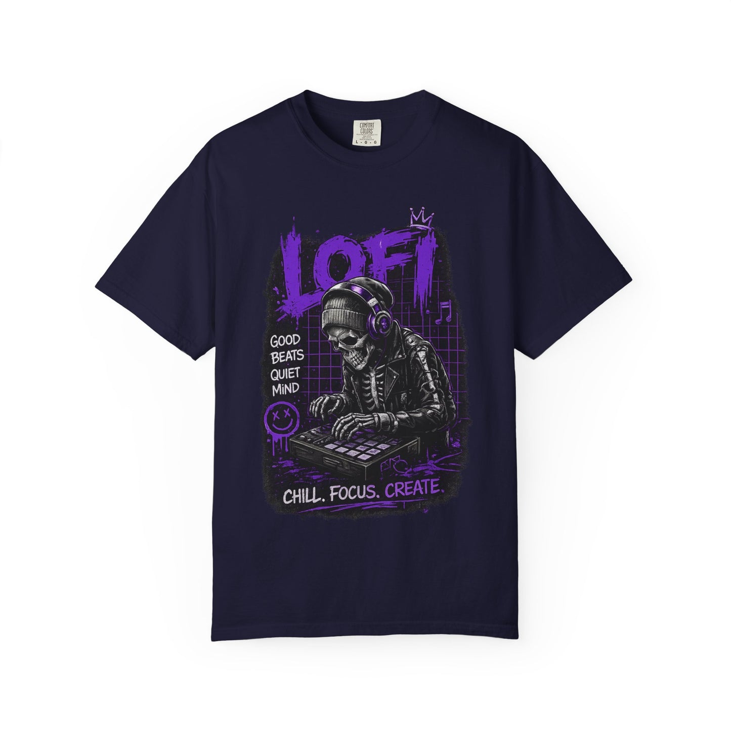 LoFi Skull DJ T-Shirt — "Chill. Focus. Create." Music Graphic Tee for Creators