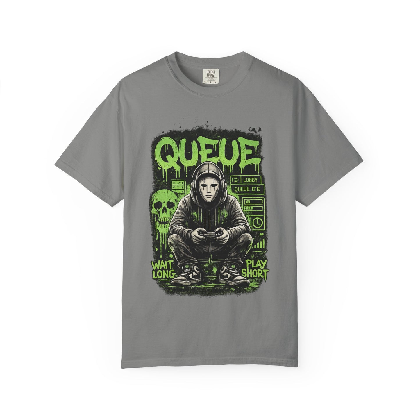 Queue Gamer Hoodie T-Shirt | Waiting Player Graphic Tee, Neon Green Skull Art