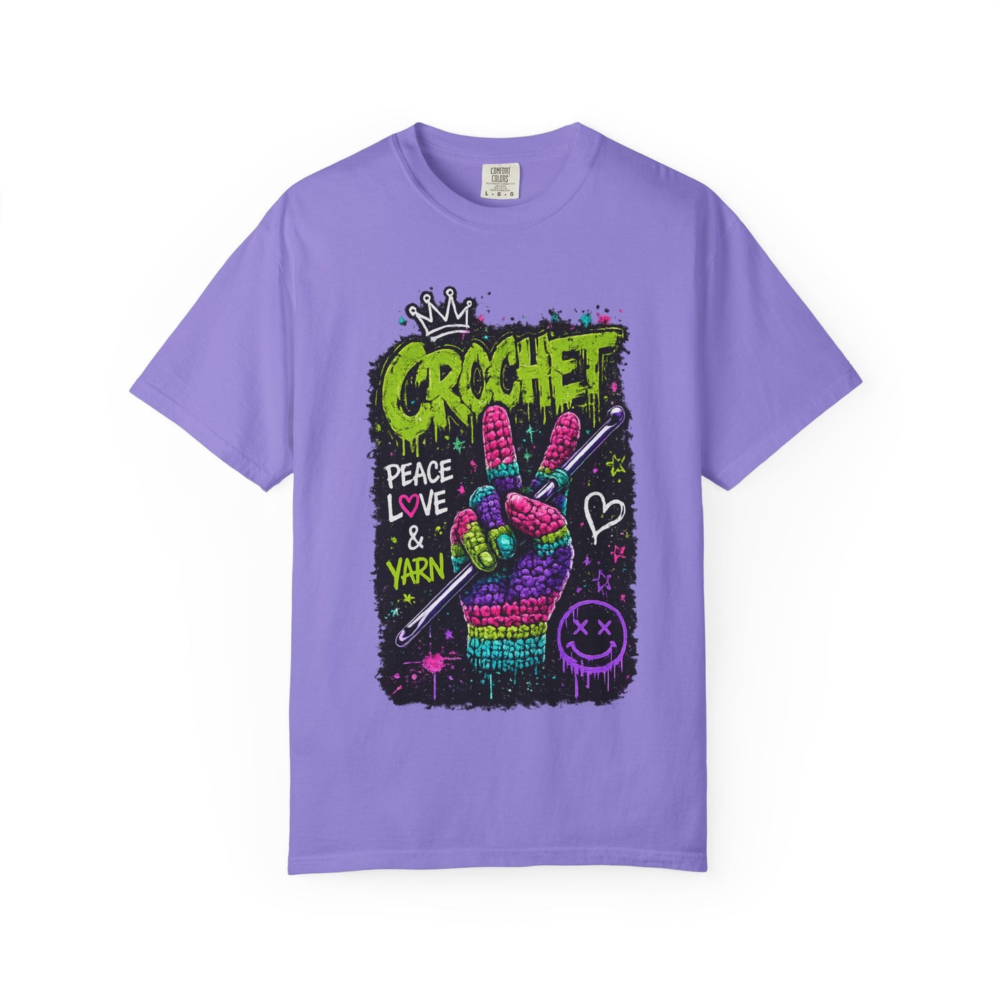 Crochet Peace Sign T-Shirt — "Crochet: Peace, Love & Yarn" Graphic Tee