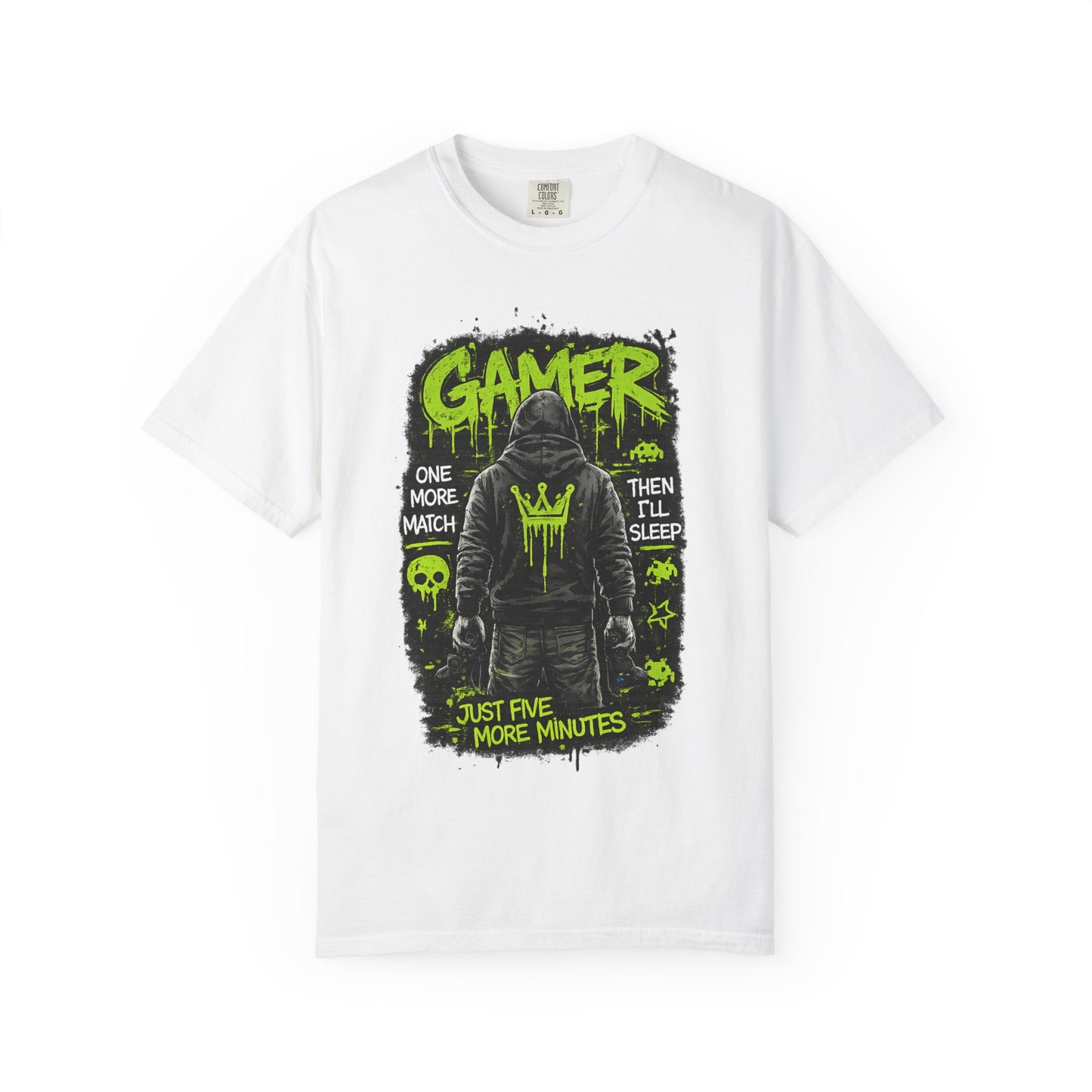 Gamer Hoodie-Style Graphic T-Shirt | Neon Green Skull, 'Just Five More Minutes'