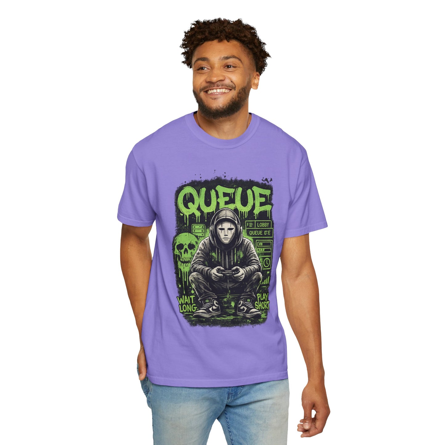 Queue Gamer Hoodie T-Shirt | Waiting Player Graphic Tee, Neon Green Skull Art