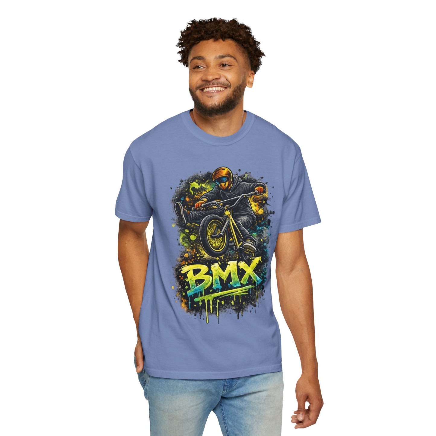 BMX Rider Graphic T-Shirt — Neon Stunt Bike Tee