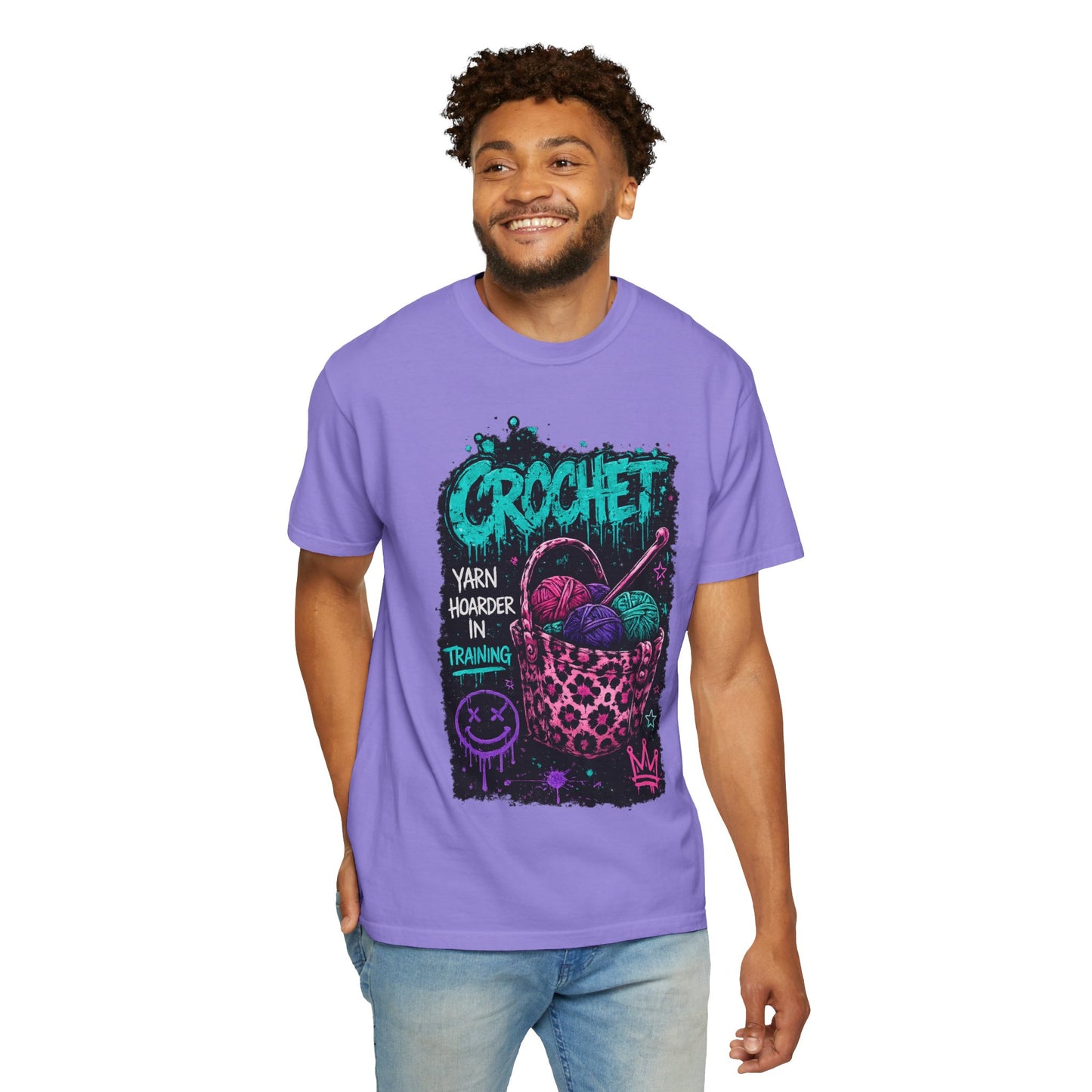 Crochet Crewneck T‑Shirt — "Yarn Harder in Training" Graphic
