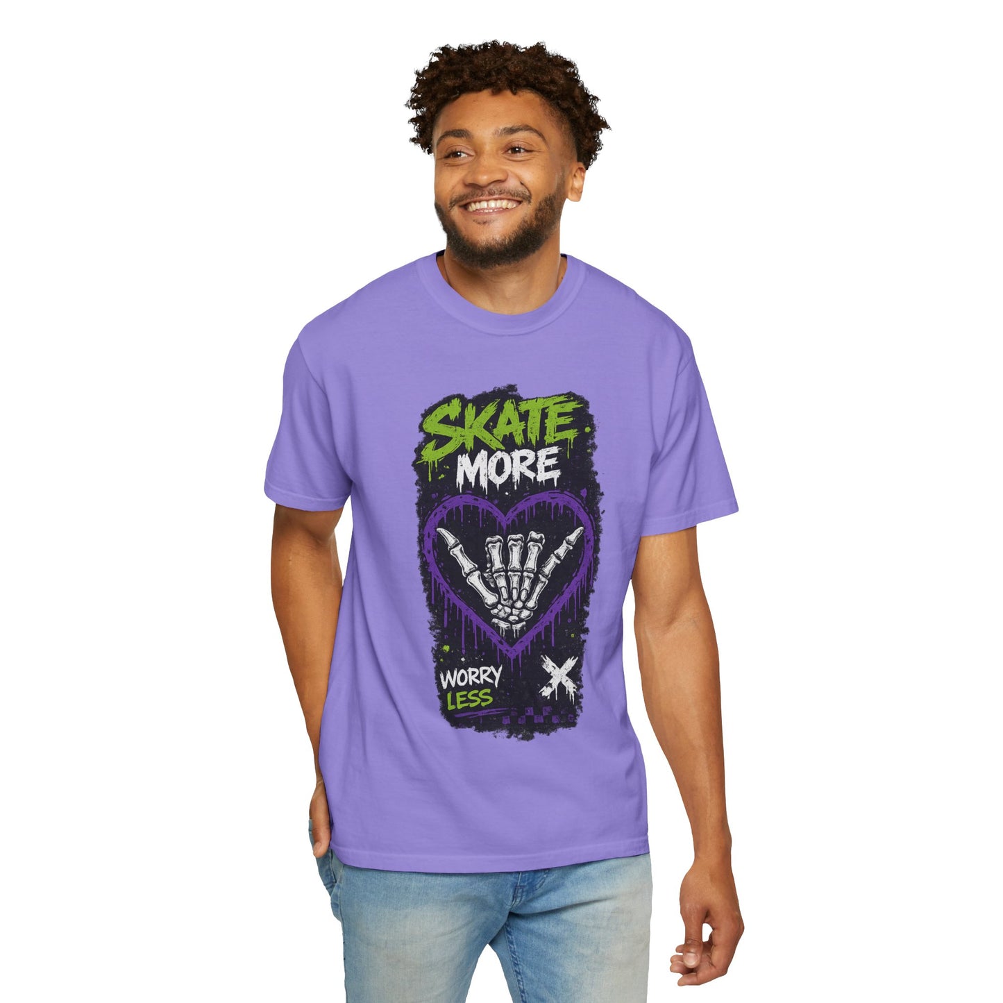 Skate More Worry Less T-Shirt — Skateboard Skeleton Hand Graphic Tee