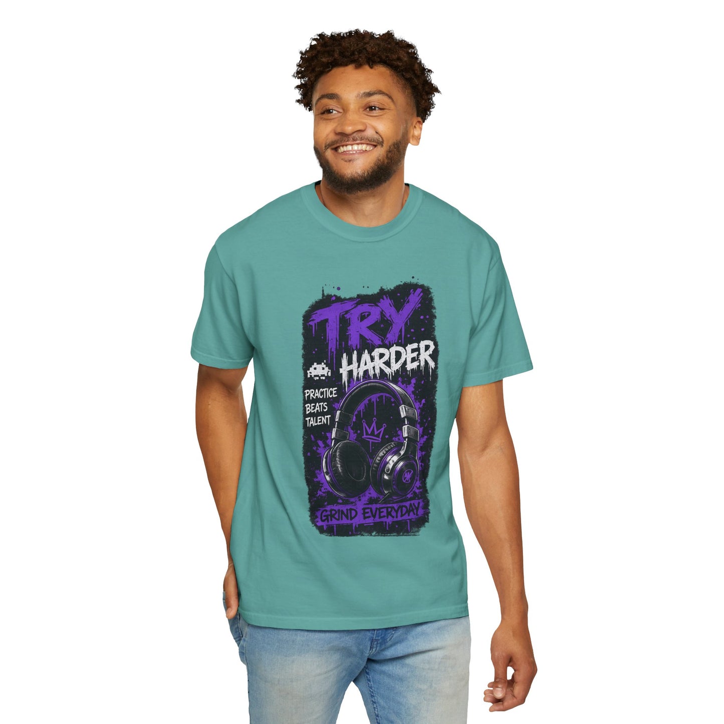 Try Harder Graphic T-Shirt — 'Try Harder' Headphones Motivational Tee