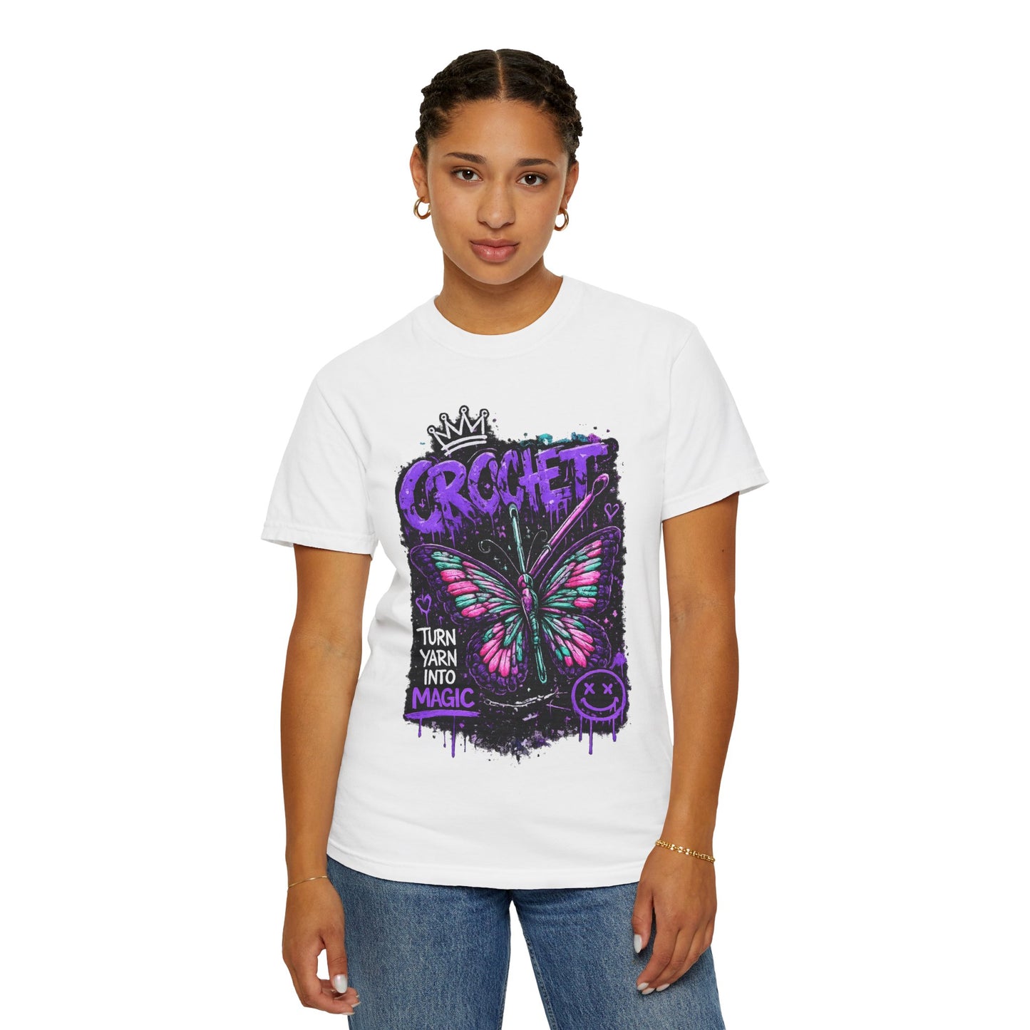 Crochet Butterfly T-Shirt — "Turn Yarn Into Magic" Graphic Tee