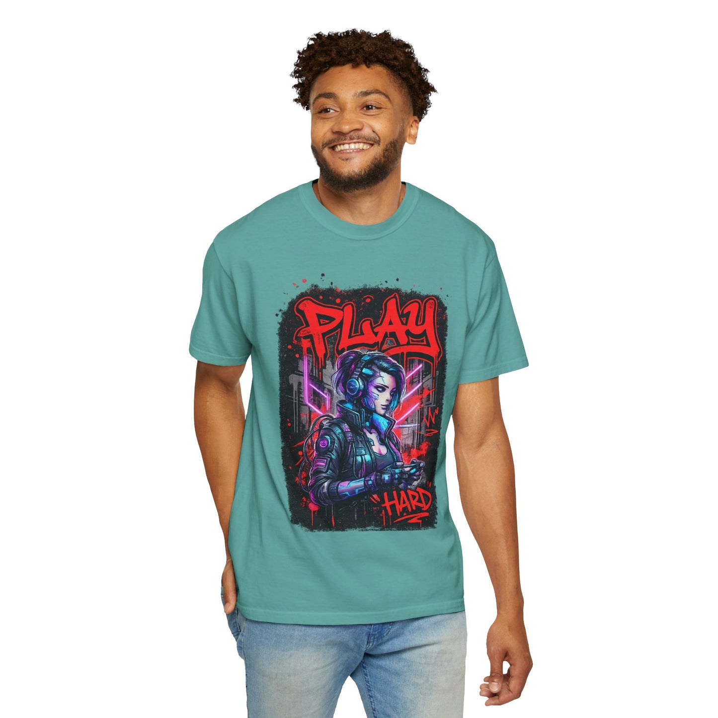 Play Hard Gamer T-Shirt — Neon Cyberpunk Video Game Tee