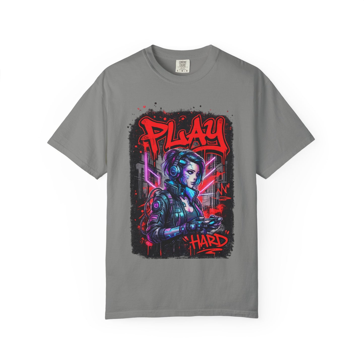 Play Hard Gamer T-Shirt — Neon Cyberpunk Video Game Tee