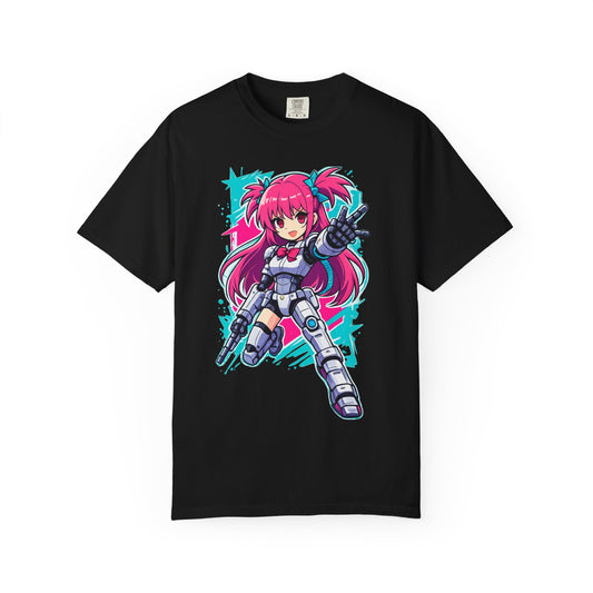 Anime Mecha Girl T-Shirt — Pink Cyberpunk Warrior Tee