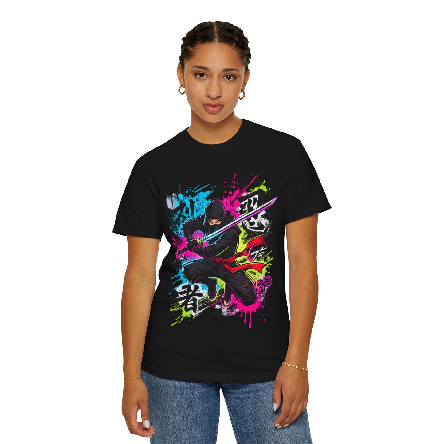 Neon Ninja Samurai T-Shirt — Vibrant Graffiti Sword Art