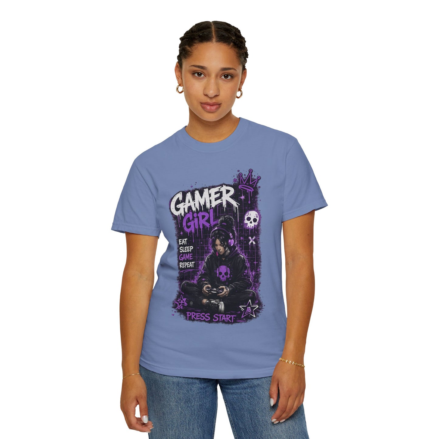 Gamer Girl T-Shirt — Retro Purple Gaming Graphic Tee ("Eat Sleep Game Repeat")