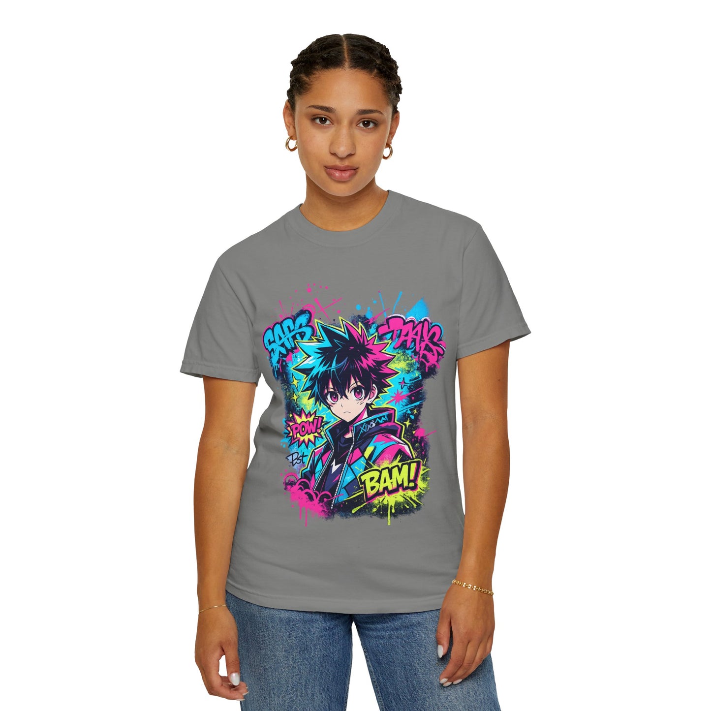 Anime Comic Boy Graphic T-Shirt — Neon Manga "BAM!" Design