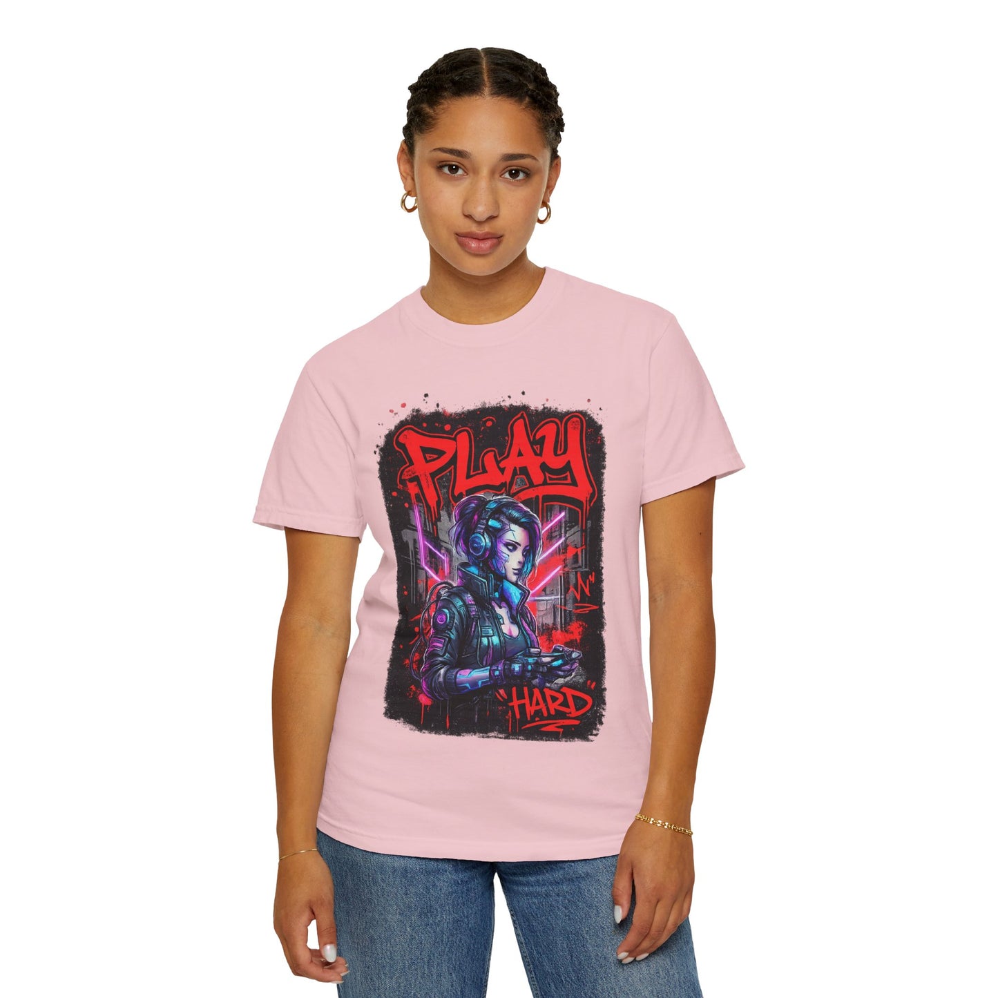 Play Hard Gamer T-Shirt — Neon Cyberpunk Video Game Tee