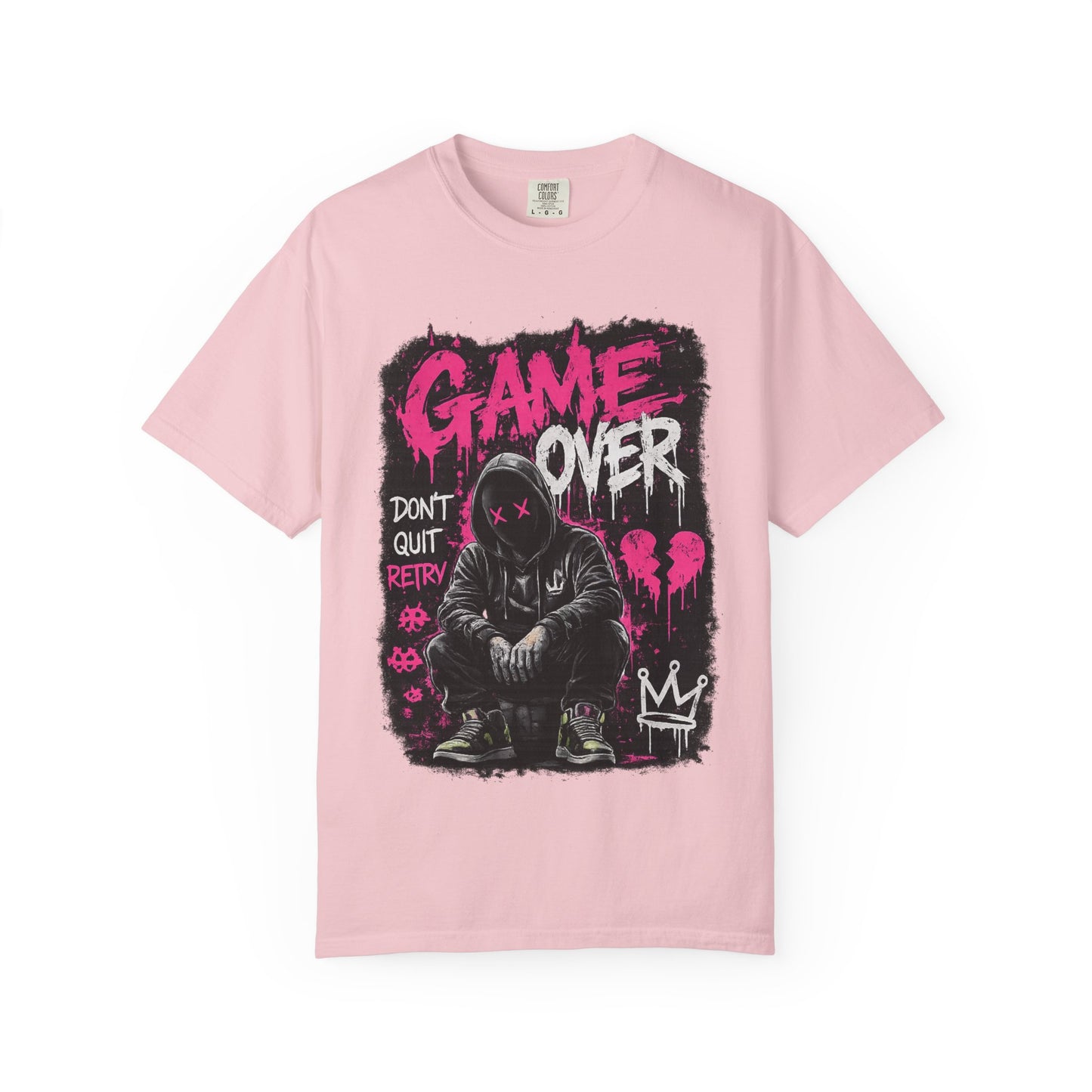 Game Over Graphic T-Shirt — Urban Streetwear Tee with Hooded Figure & 'Don't Quit, Retry' Design