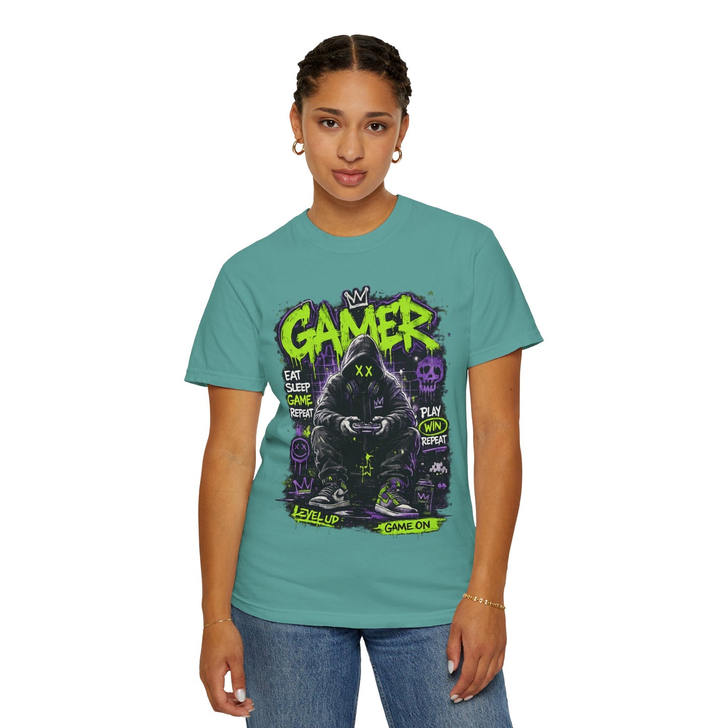 Gamer Hooded Figure Graphic T-Shirt | Neon Green Purple Streetwear