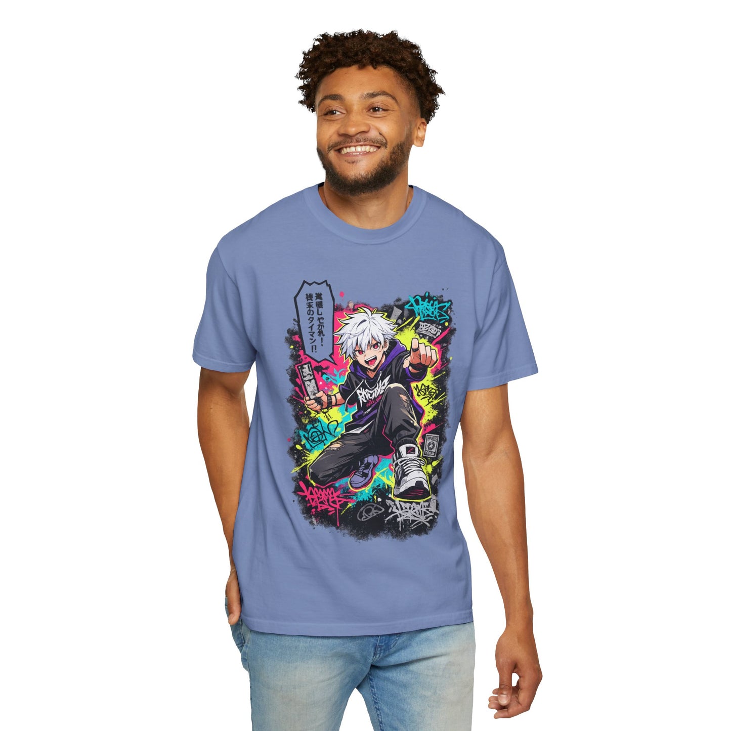 Anime Streetwear T-Shirt — Neon Urban Character Design with Japanese Text