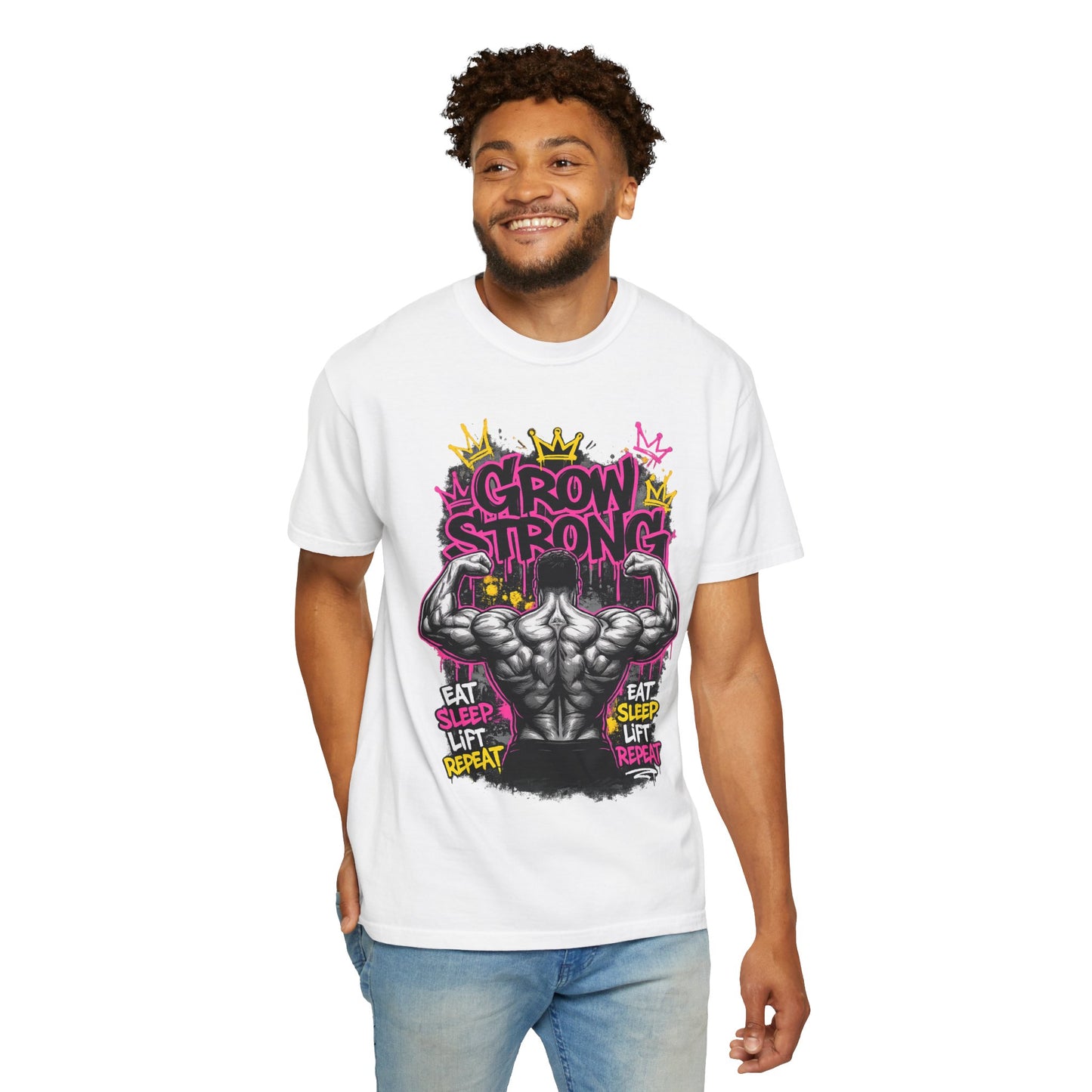 Grow Strong muscular back illustration T-shirt | Eat Sleep Lift Repeat gym tee