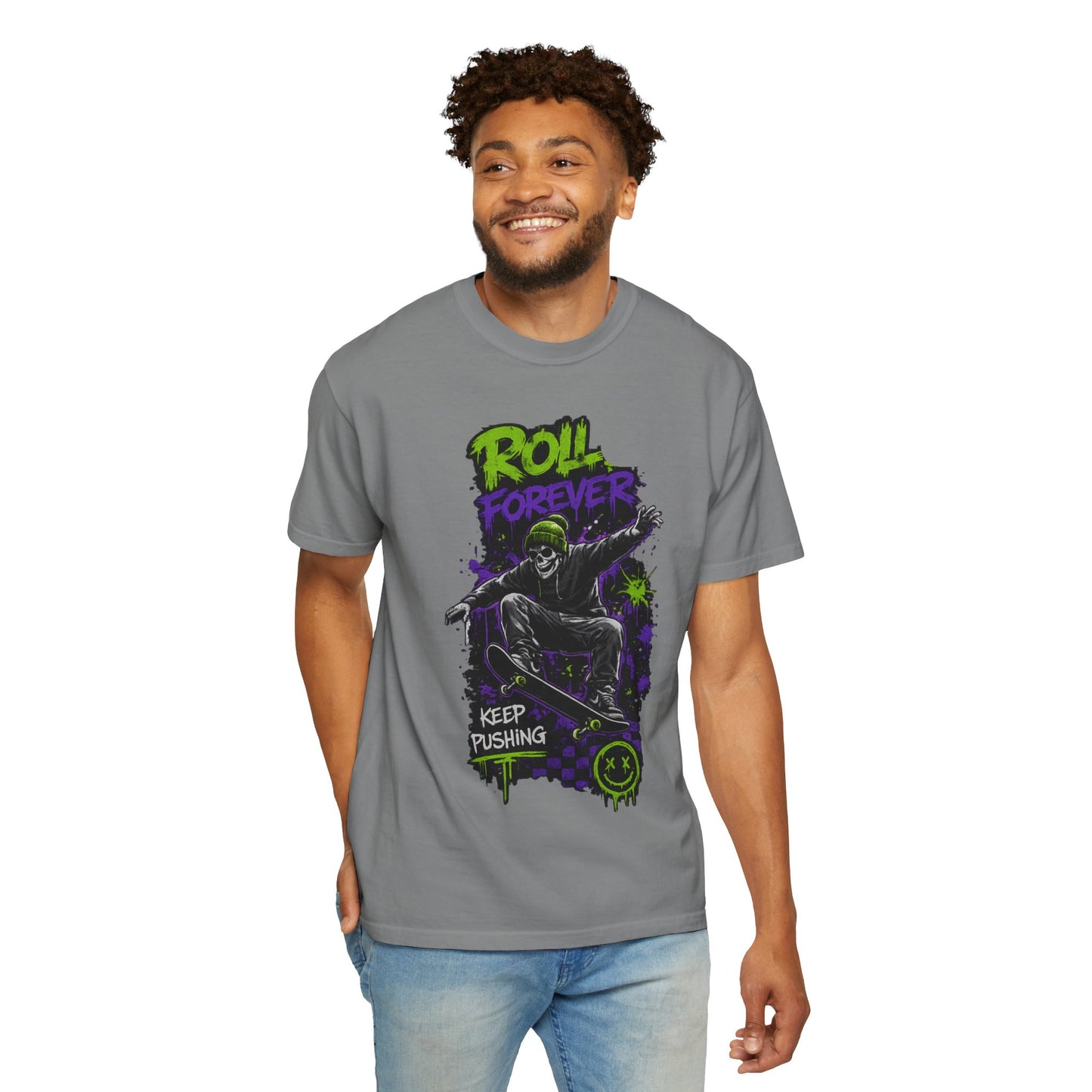 Skateboard T-Shirt — "Roll Forever / Keep Pushing" Graphic Tee