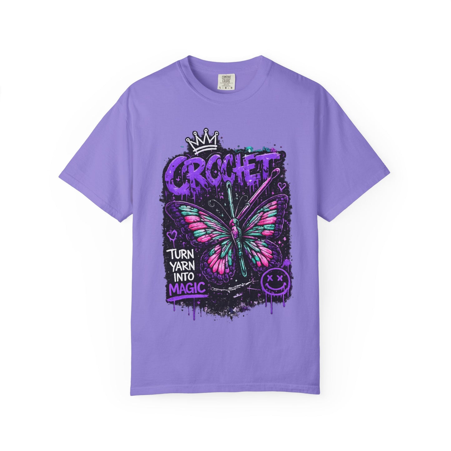 Crochet Butterfly T-Shirt — "Turn Yarn Into Magic" Graphic Tee