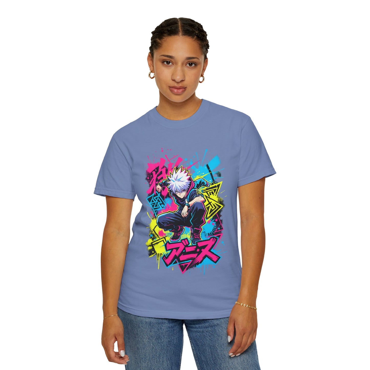 Anime Graphic T-Shirt — Vibrant Neon Jujutsu Kaisen Style Design