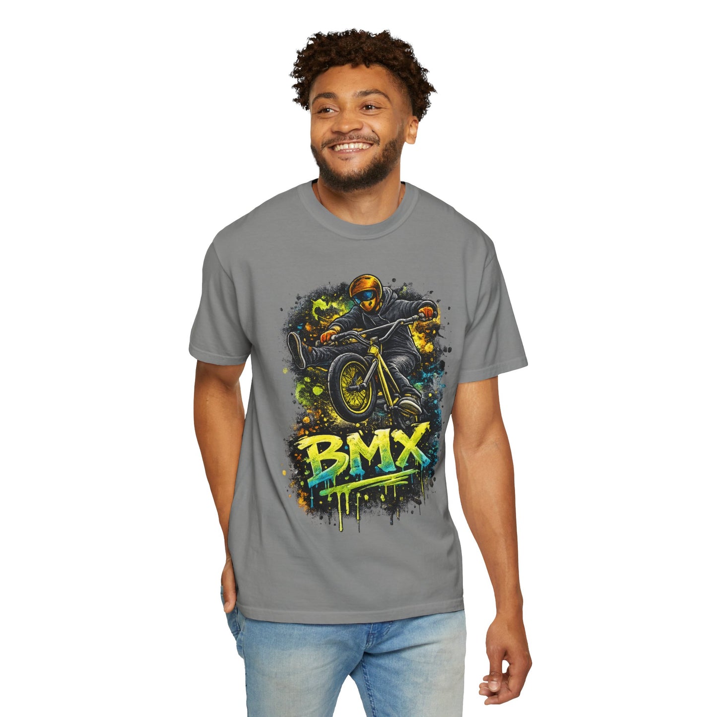 BMX Rider Graphic T-Shirt — Neon Stunt Bike Tee