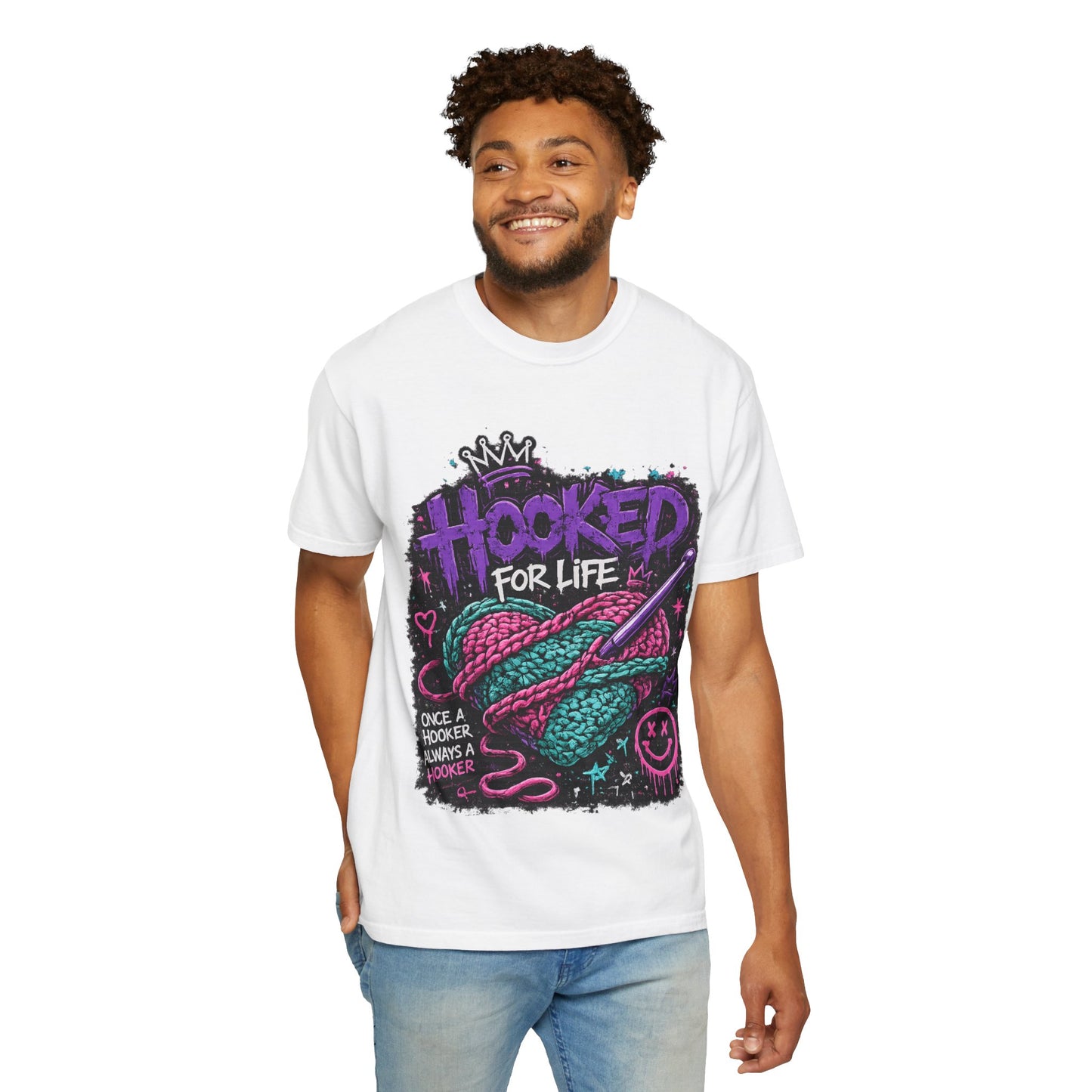 Hooked For Life Knitting T-Shirt — "Hooked for Life" Yarn & Crochet Graphic Tee