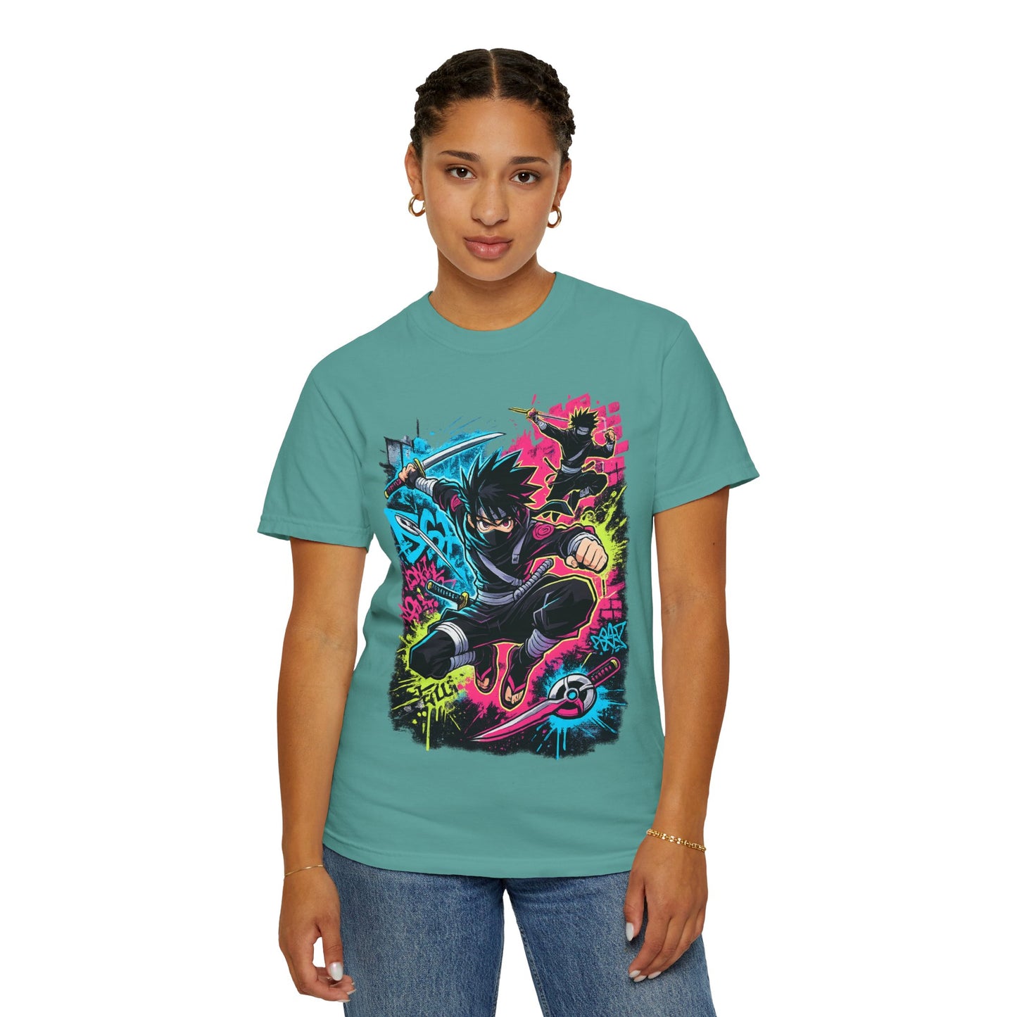 Anime Ninja Street Art T-Shirt — Neon Graffiti Graphic Tee