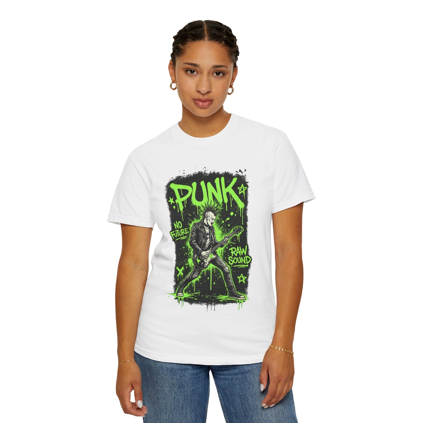Punk Guitarist Graphic T-Shirt — “PUNK: No Future, Raw Sound” Neon Green Band Tee