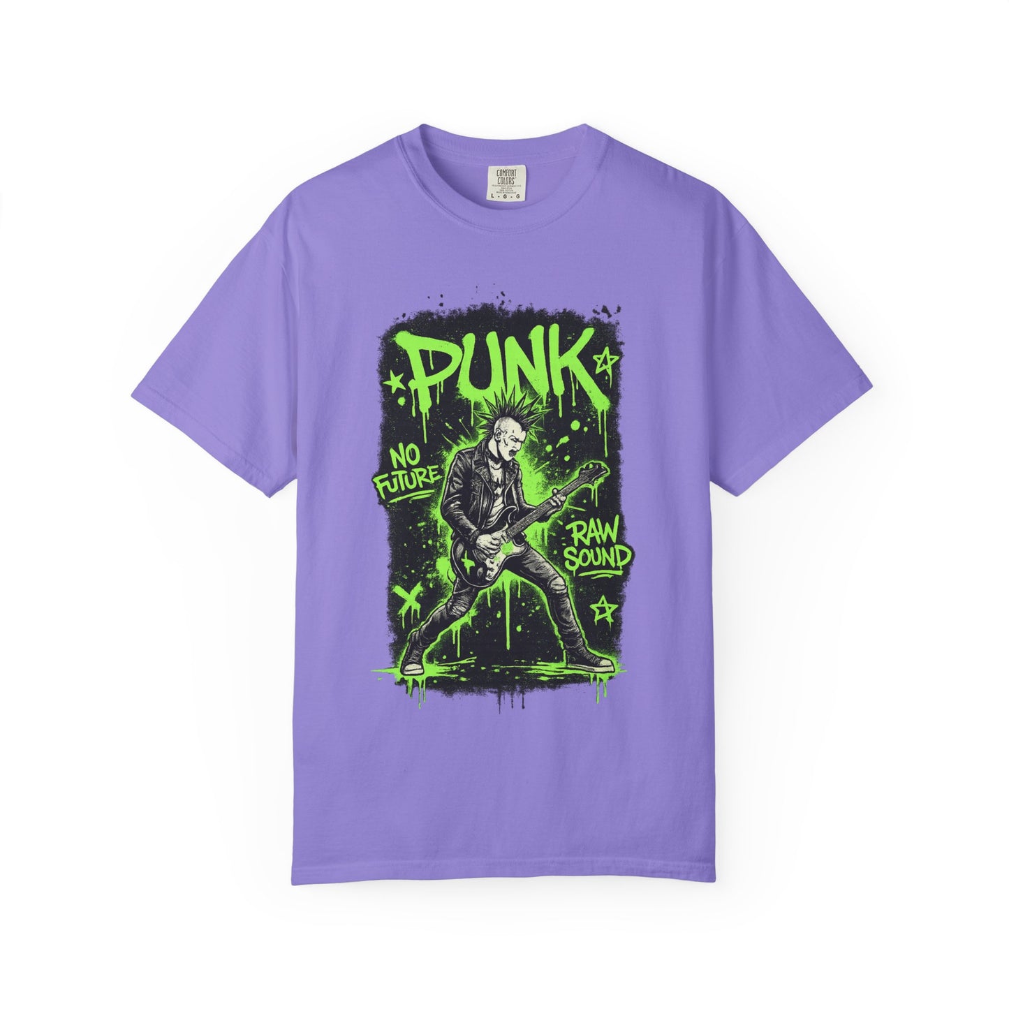 Punk Guitarist Graphic T-Shirt — “PUNK: No Future, Raw Sound” Neon Green Band Tee