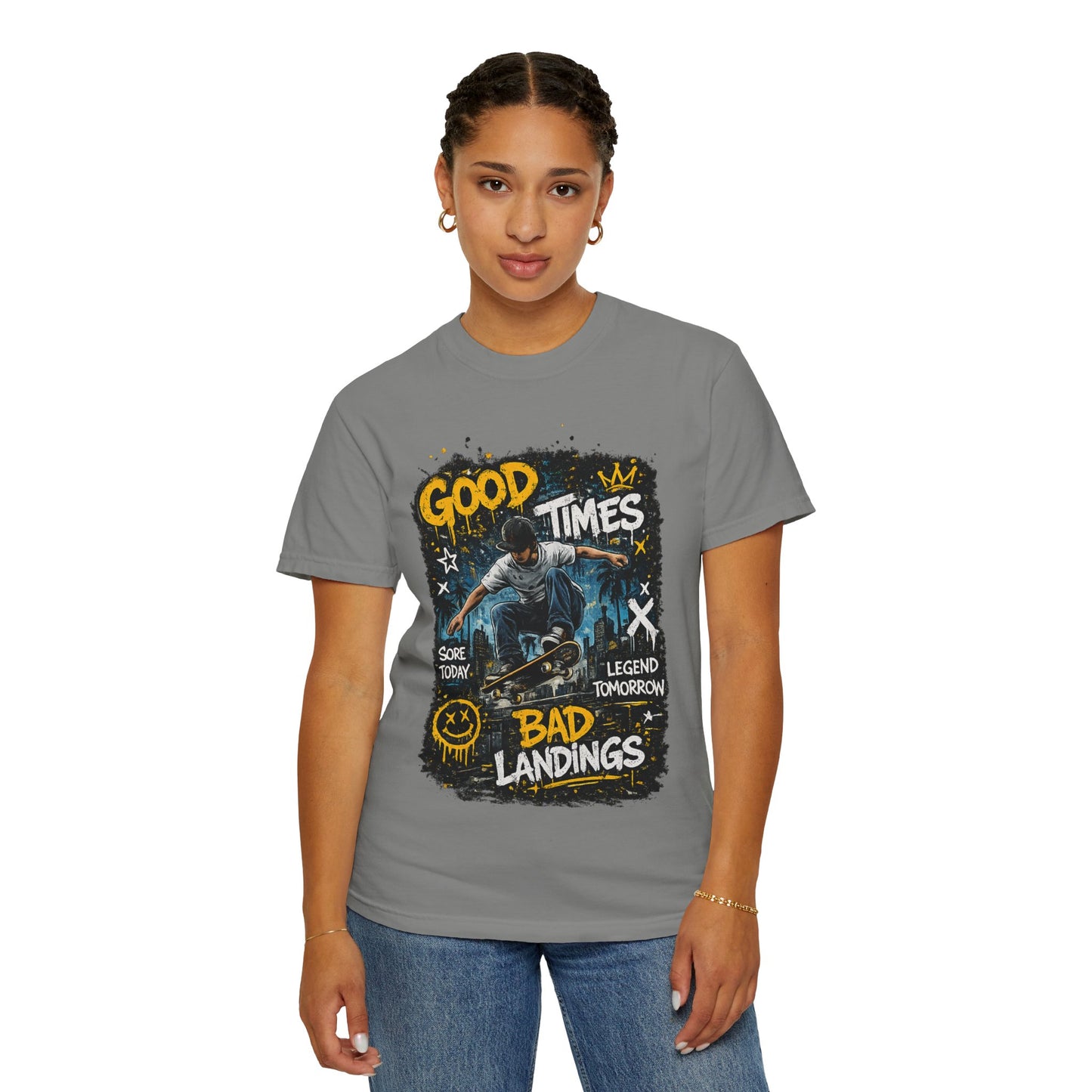 Skateboard T-Shirt — "Good Times, Bad Landings" Graphic Tee