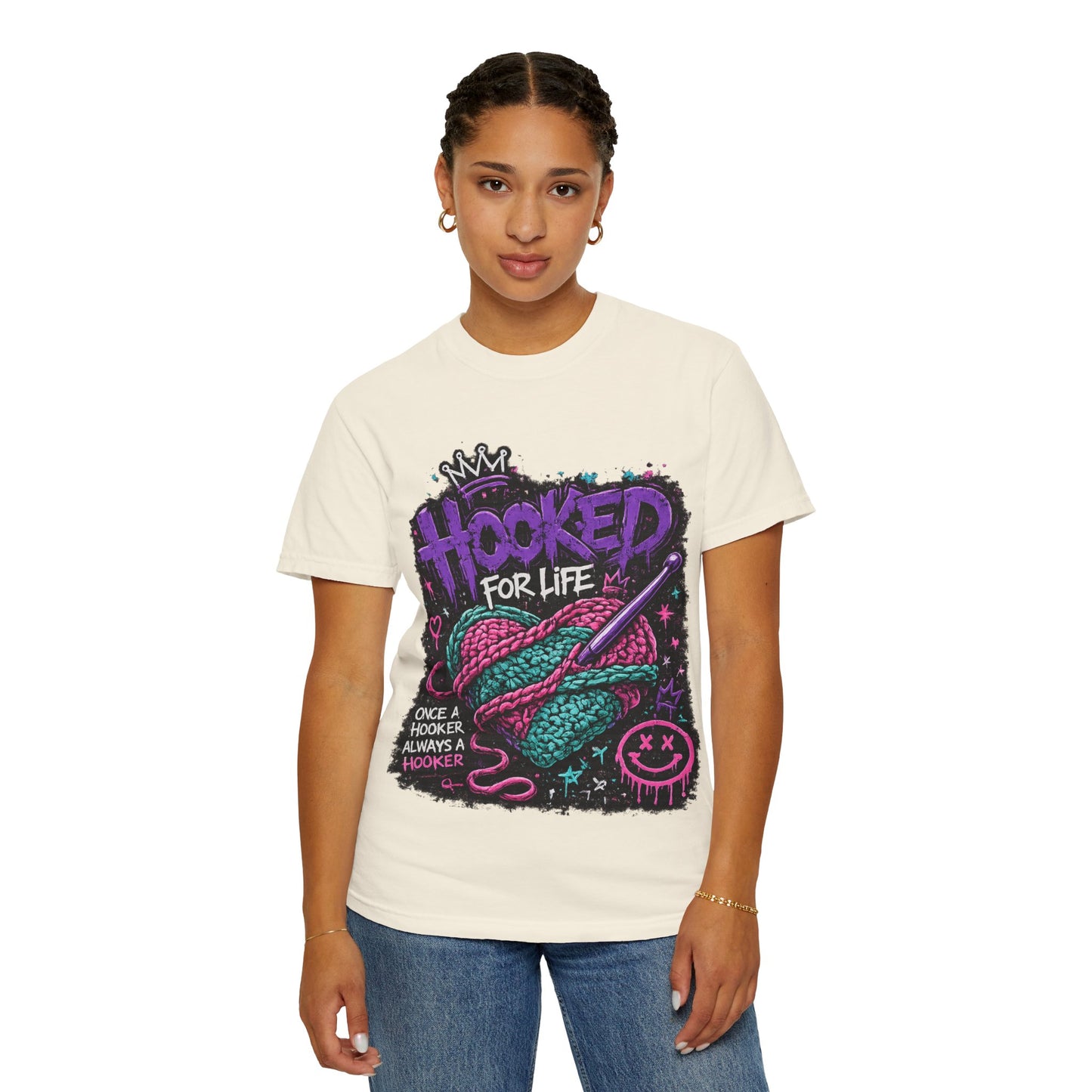Hooked For Life Knitting T-Shirt — "Hooked for Life" Yarn & Crochet Graphic Tee