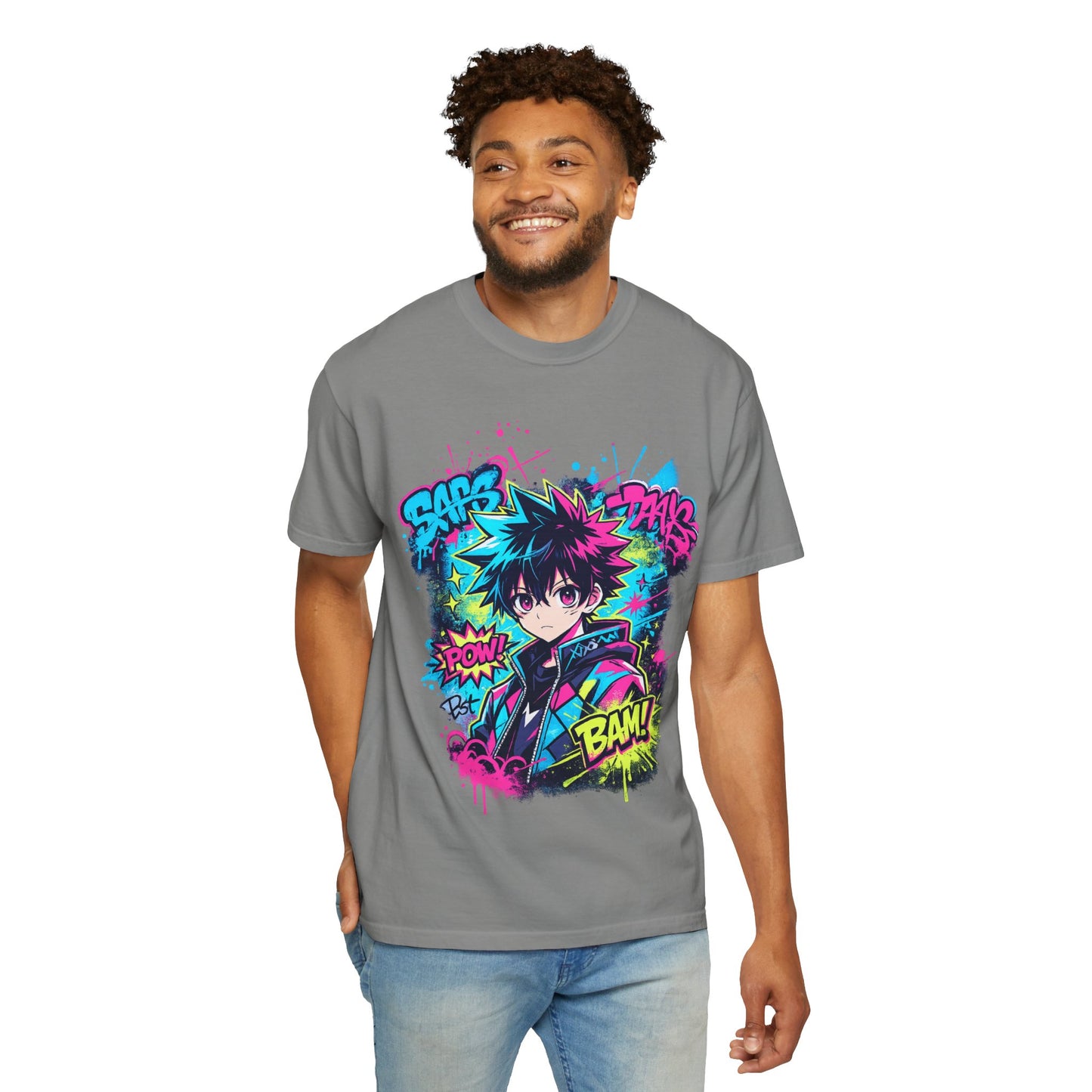 Anime Comic Boy Graphic T-Shirt — Neon Manga "BAM!" Design