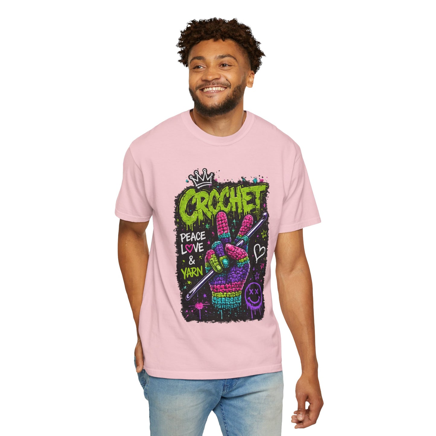 Crochet Peace Sign T-Shirt — "Crochet: Peace, Love & Yarn" Graphic Tee