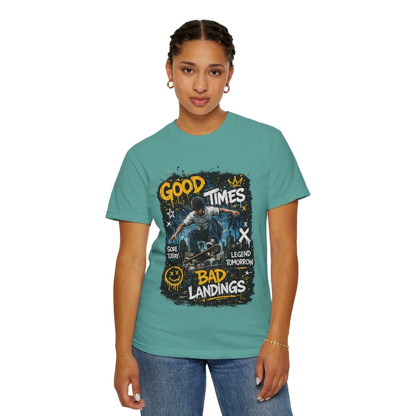Skateboard T-Shirt — "Good Times, Bad Landings" Graphic Tee