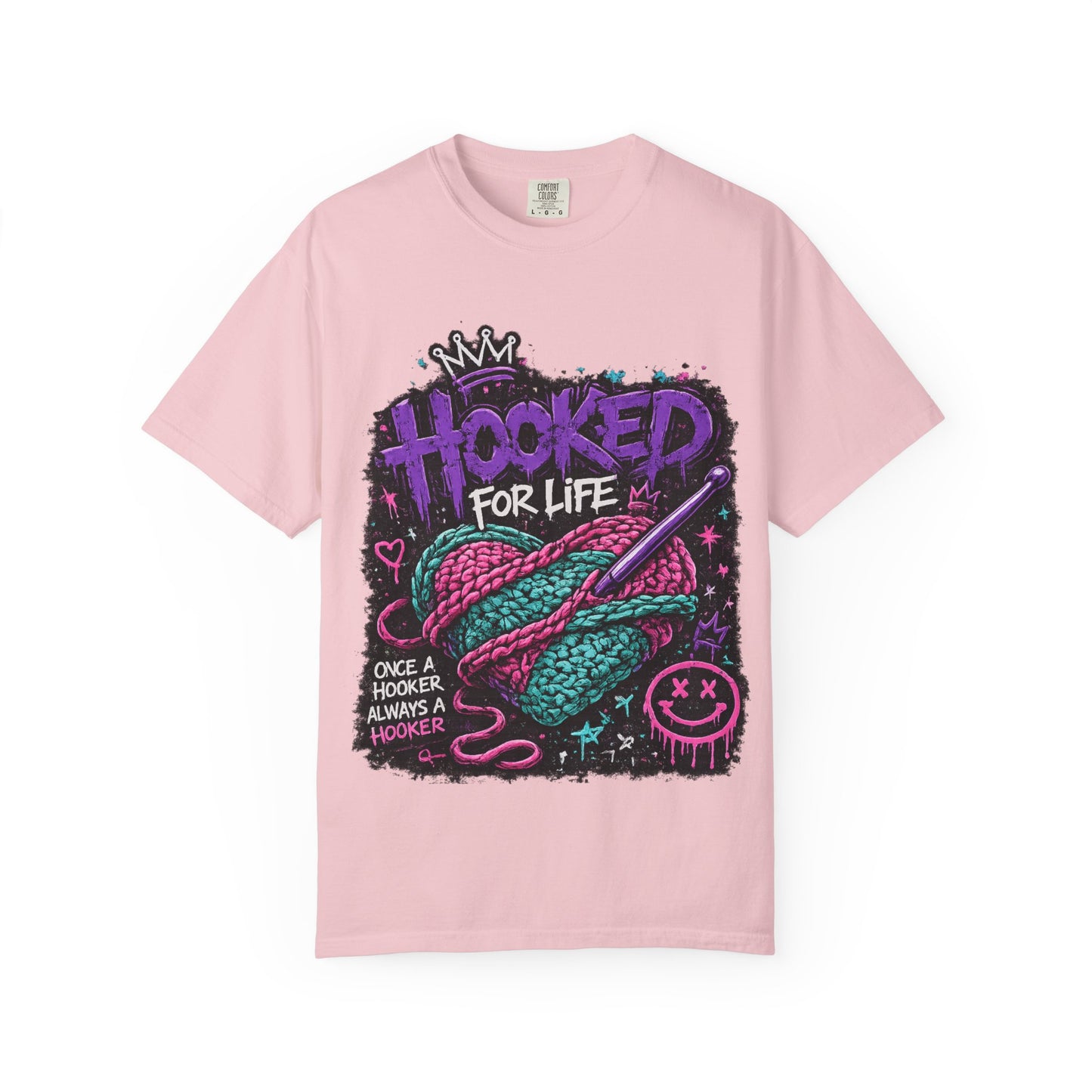 Hooked For Life Knitting T-Shirt — "Hooked for Life" Yarn & Crochet Graphic Tee