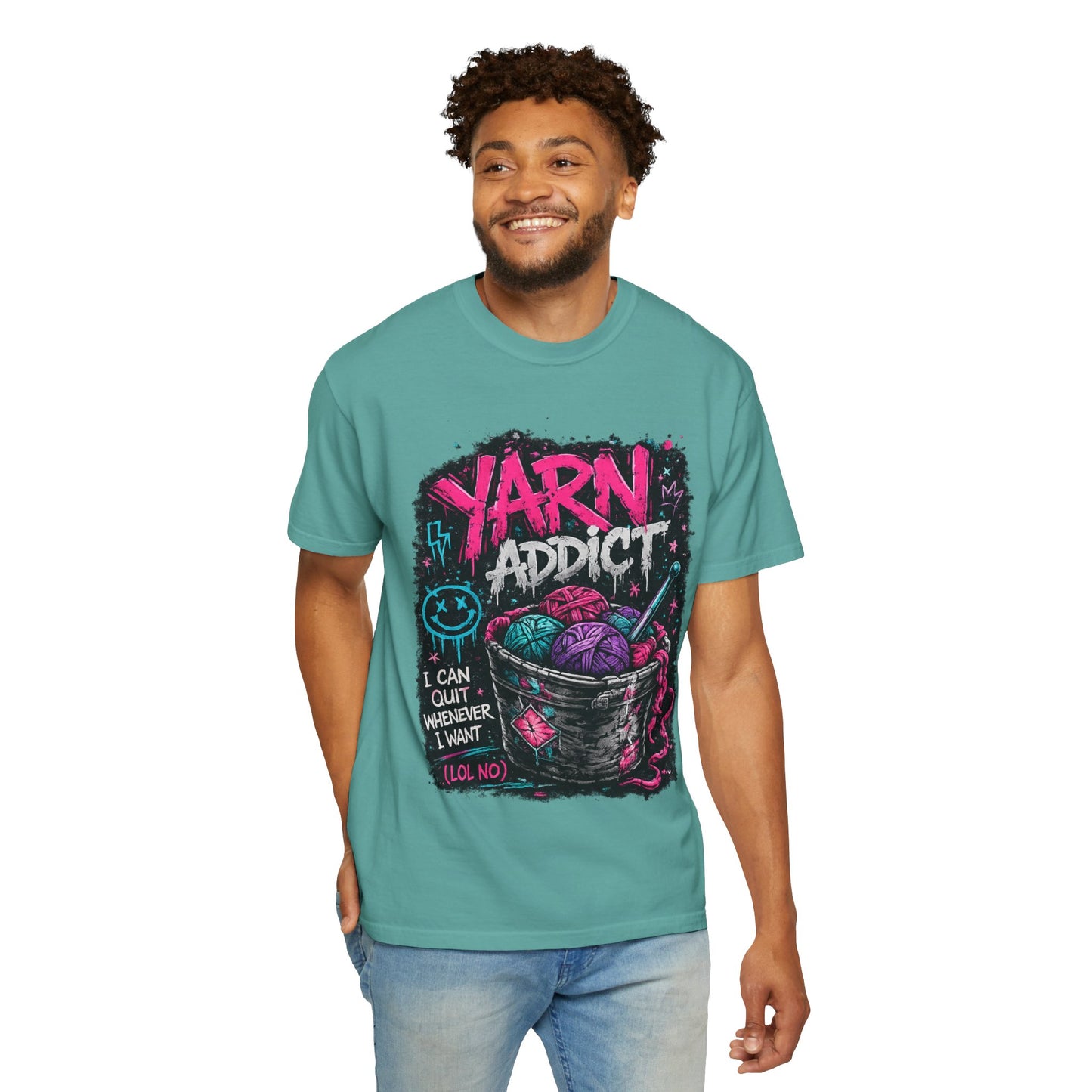 Yarn Addict T-Shirt — Funny Knitting/Crochet Graphic Tee ("I Can Quit Whenever I Want")