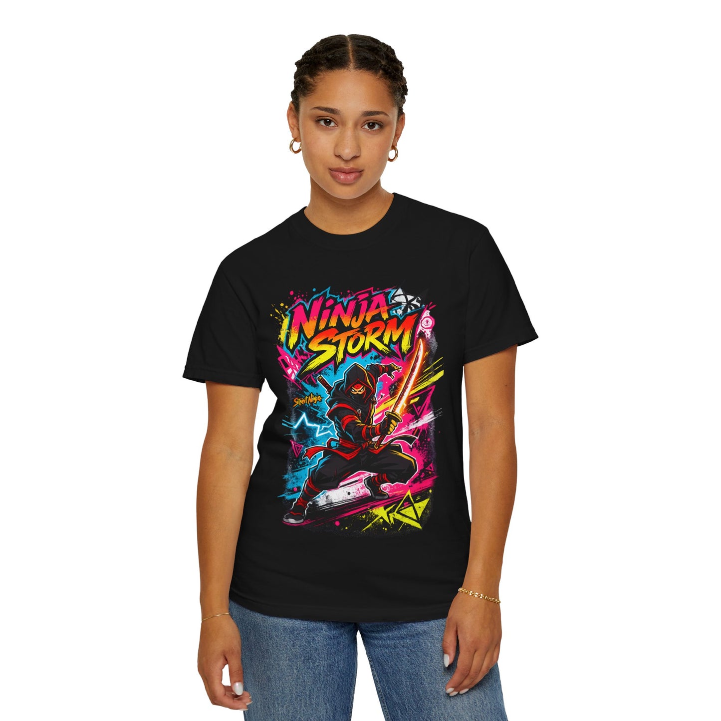 Ninja Storm Graphic T-Shirt — Neon Samurai Surf Design