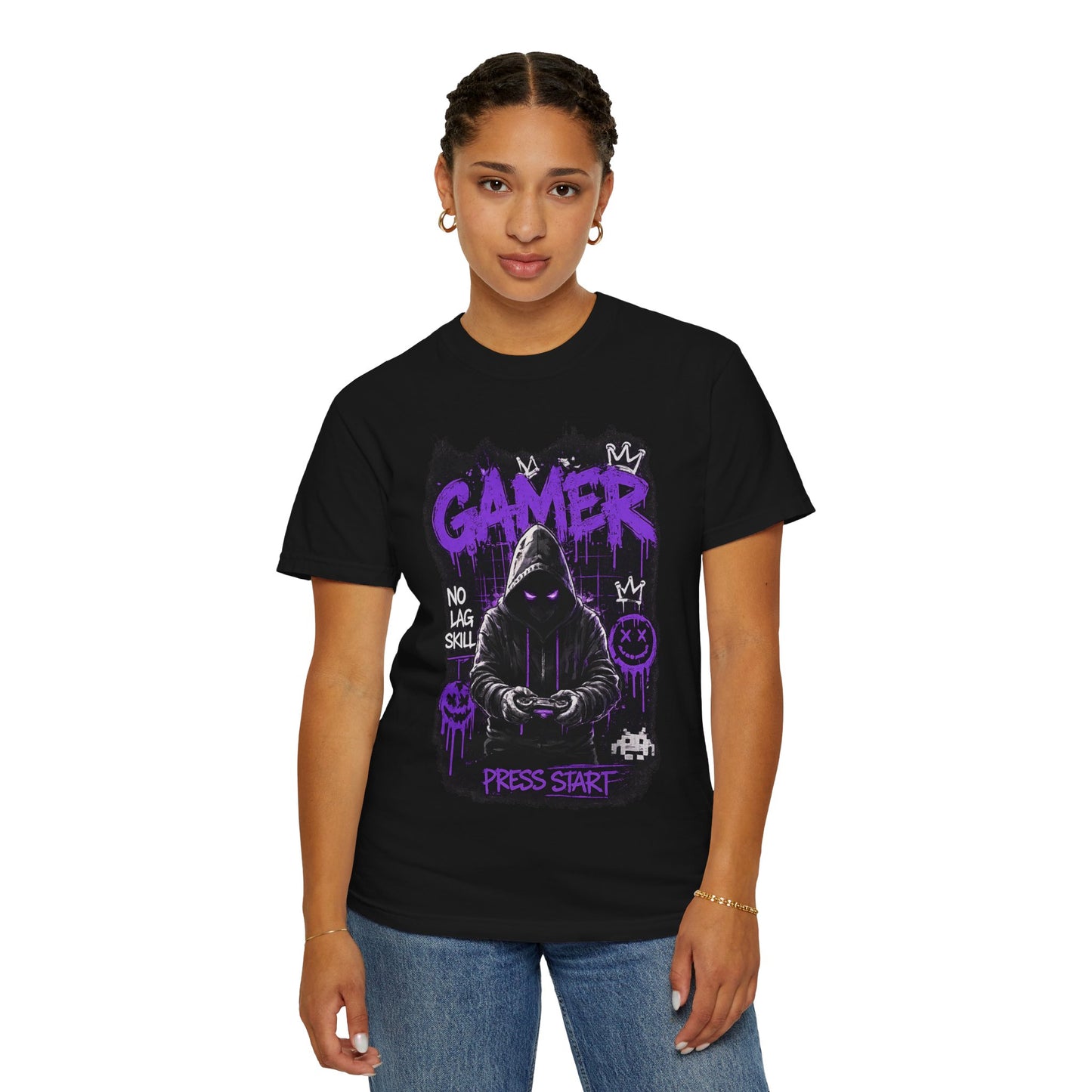 Gamer Hoodie Skull T‑Shirt — 'GAMER' Purple Graphic Press Start Tee