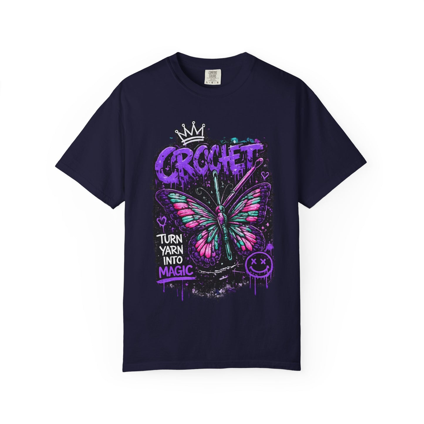 Crochet Butterfly T-Shirt — "Turn Yarn Into Magic" Graphic Tee
