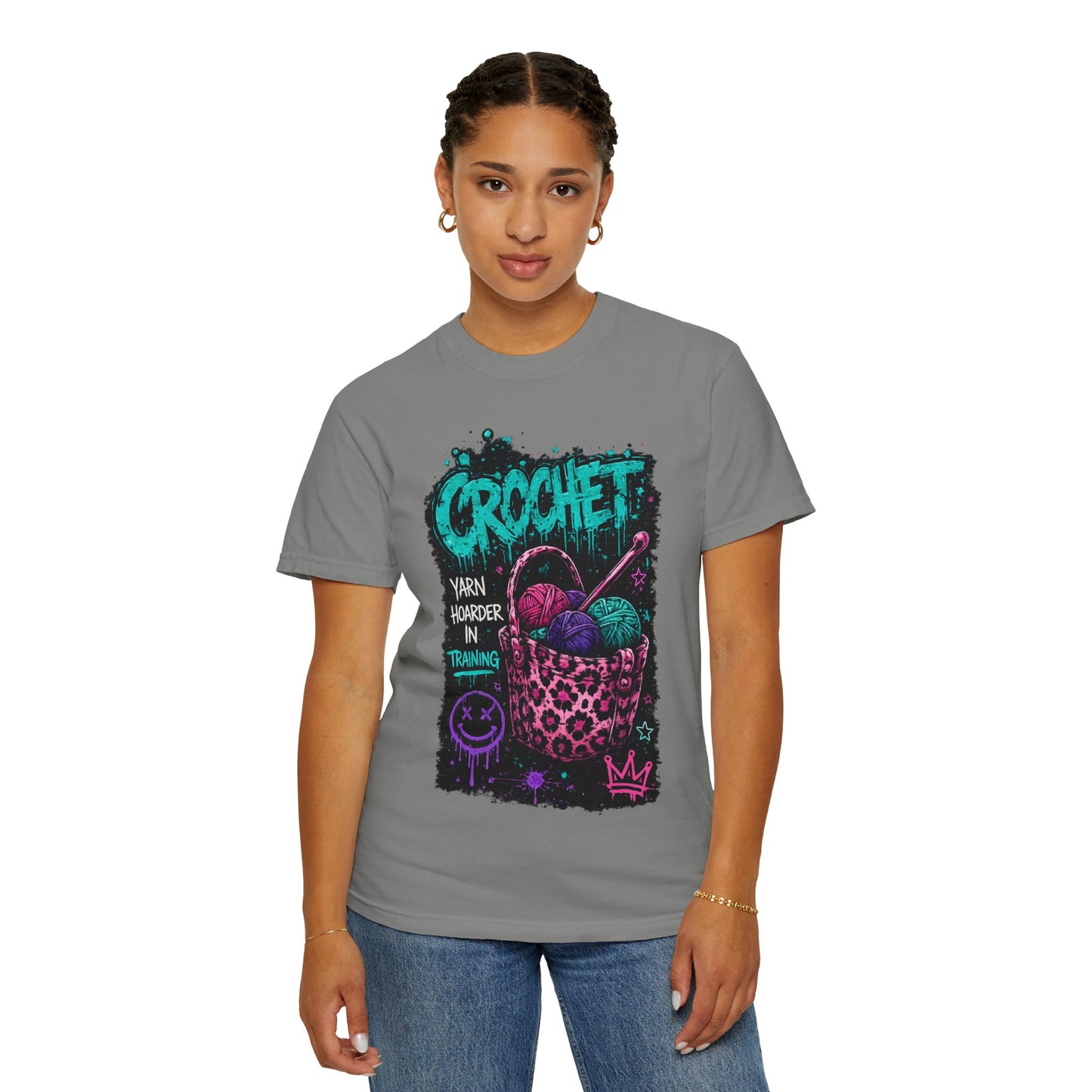 Crochet Crewneck T‑Shirt — "Yarn Harder in Training" Graphic