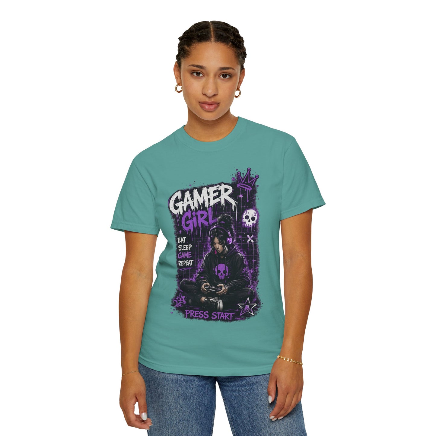 Gamer Girl T-Shirt — Retro Purple Gaming Graphic Tee ("Eat Sleep Game Repeat")